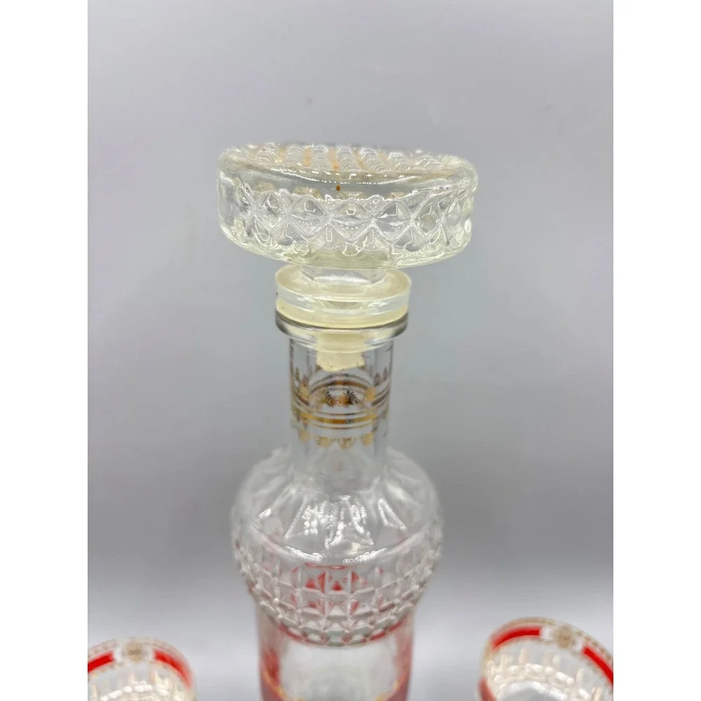 Vintage Red‎ Gold Filigree Glass Decanter Set with 5 Cordial Glasses Bar EMPTY